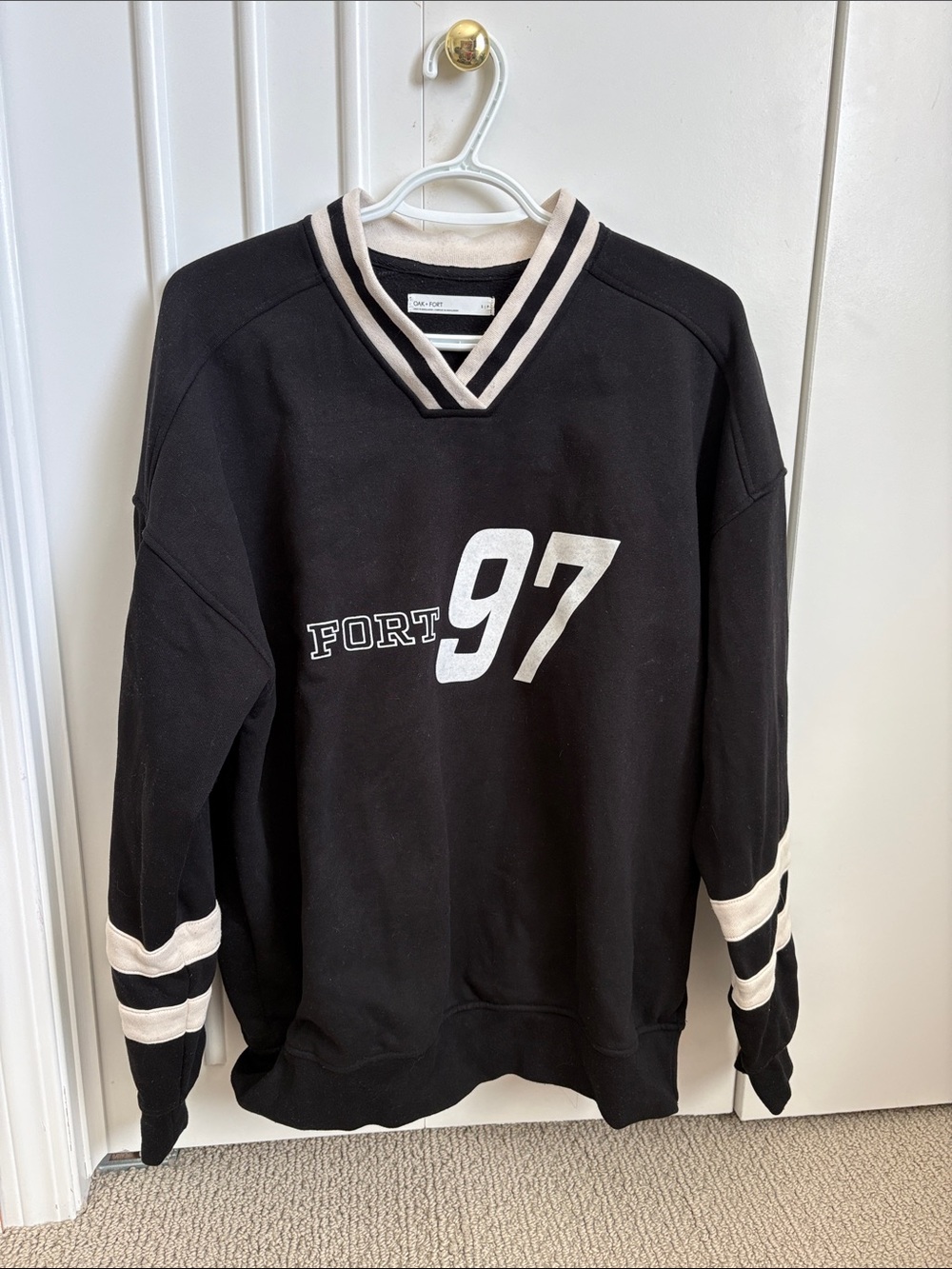 OAK + FORT Black V-Neck 'FORT 97' Sweatshirt with Cream Stripe Accents